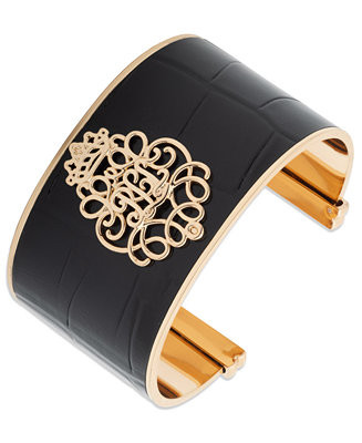 Lauren Ralph Lauren Hematite Gold-Tone Logo Leather Cuff Bracelet - Macy's | Macy's