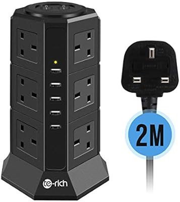 Tower Extension Lead, Te-Rich 12 Gang Surge Protector Multi Plug Power Strip Electric Charging St... | Amazon (UK)
