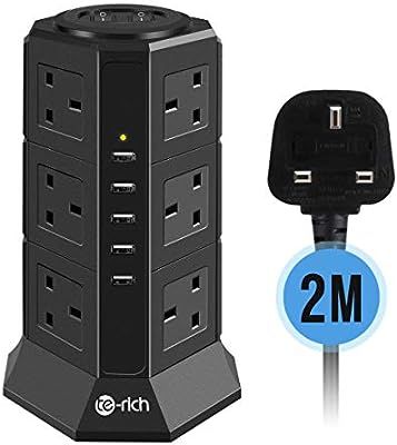Tower Extension Lead, Te-Rich 12 Gang Surge Protector Multi Plug Power Strip Electric Charging St... | Amazon (UK)