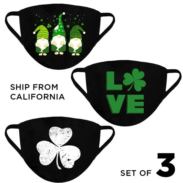 St Patrick's Day Face Mask Green Shamrock Leaf Love Irish Set of 3 Mask Lucky Clover Four Leaf Re... | Walmart (US)