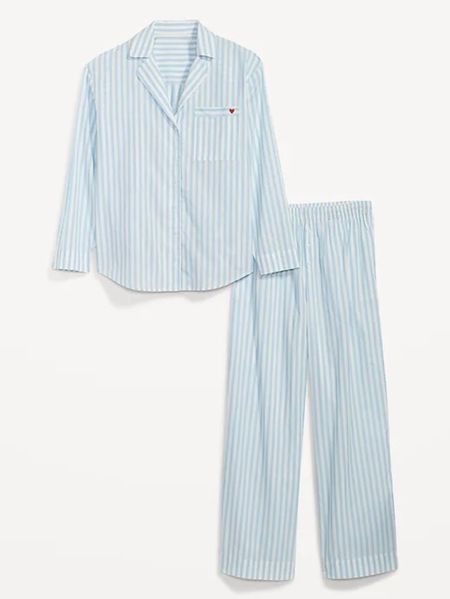 Valentines Day pajamas. 2-piece striped blue oversized pajama set with a red heart on the chest patch pocket. 

#LTKunder50 #LTKFind #LTKSeasonal
