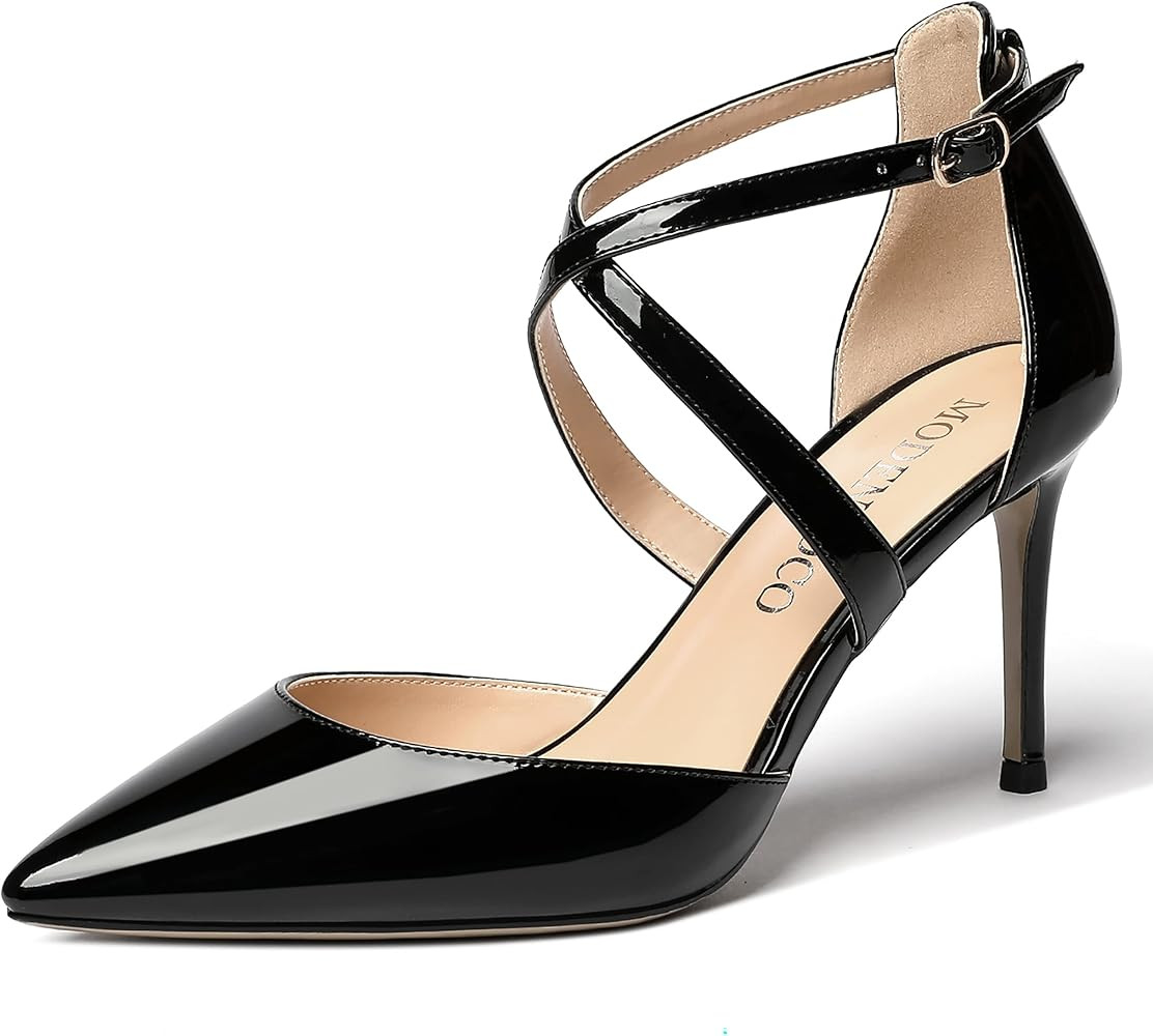 MODENCOCO Women's Cut Out Criss Cross Strap Patent Pointed Toe Stiletto High Heel Pumps Shoes 3.5... | Amazon (US)