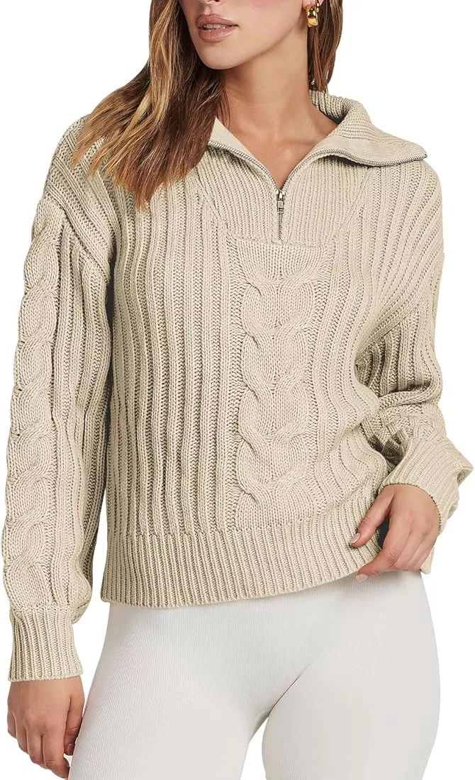 ANRABESS Women's 2023 Fall Long Sleeve Half Zip V Neck Collared Casual Oversized Ribbed Knit Pullover Sweater Thumb Hole