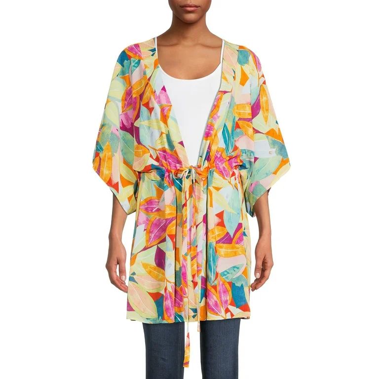 Time and Tru Women's Short Kimono, Adult Tie-Front Print Wrap, Women Adult Swim Kimono | Walmart (US)