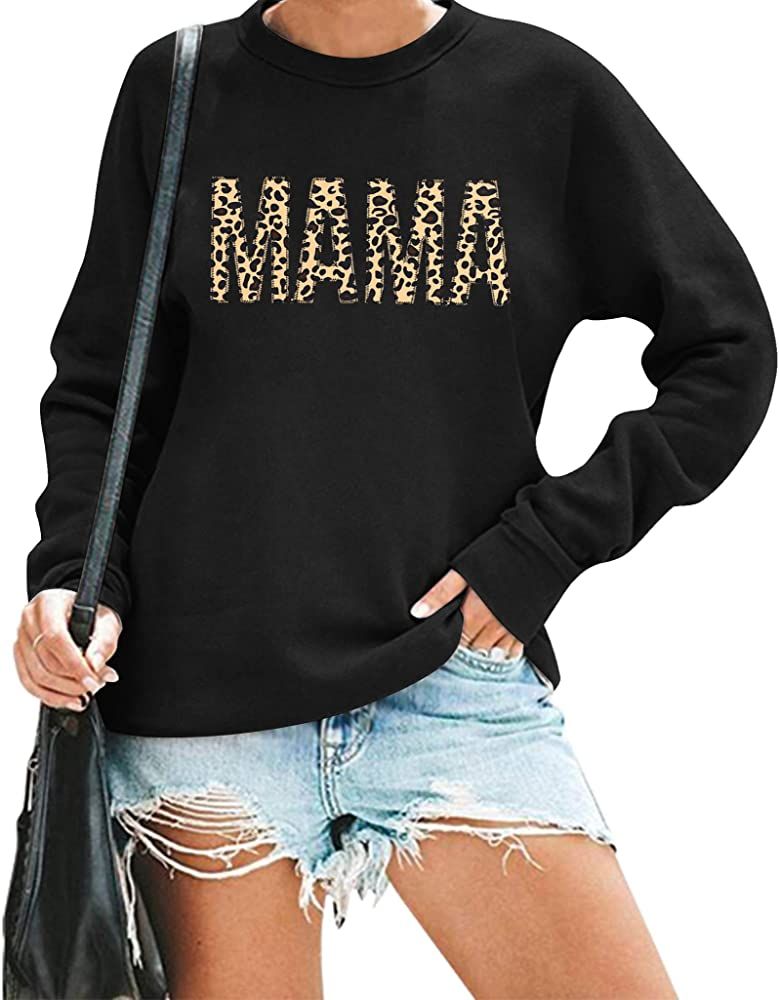 Mama Sweatshirt Women Leopard Print Embroidery Mom Life Pullover Top Casual Long Sleeve Blouse Te... | Amazon (US)