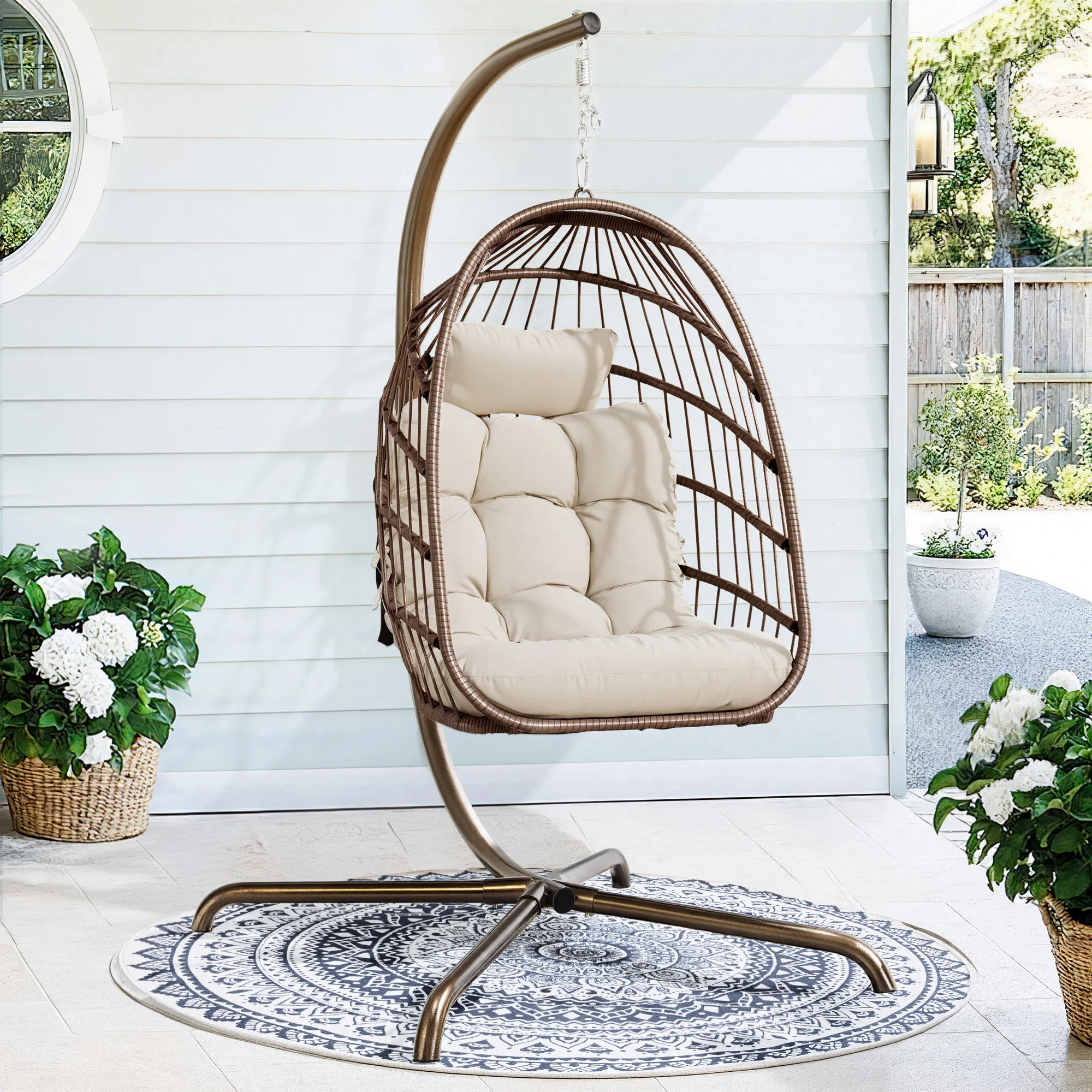 Chingford Outdoor/Indoor Swing Egg Chair with Stand, 5" Cushion & Headrest, Hanging Swing Chair f... | Wayfair North America