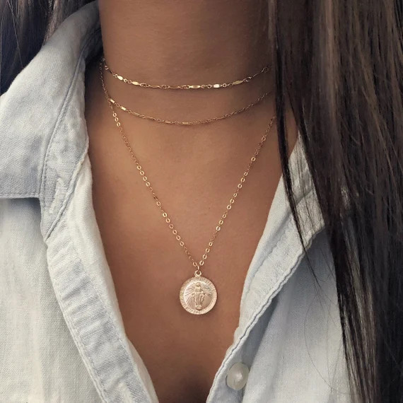 14K GF Miraculous Medal Necklace, Virgin Mary necklace, Bridesmaids gifts, Gift for her, Gold nec... | Etsy (US)