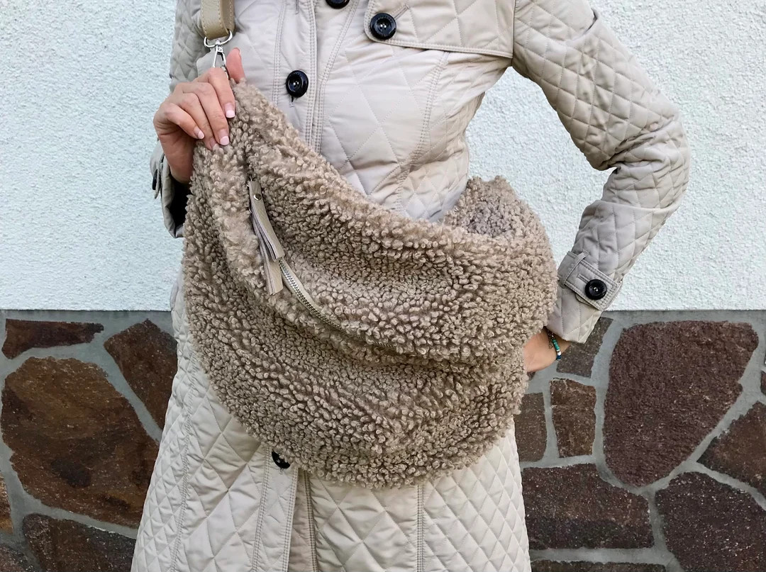 Teddy fur plush bum bag with leather strap belt bag XXL crossbody shoulder bag bag strap gift for... | Etsy (US)