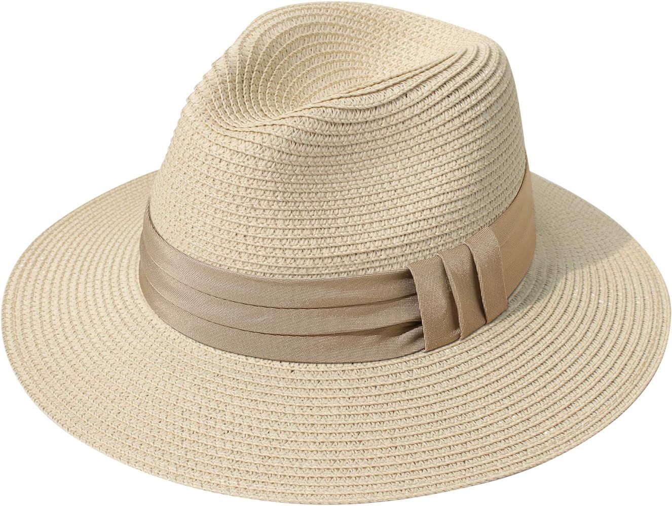 Lanzom Women Wide Brim Straw Panama Roll up Hat Fedora Beach Sun Hat UPF50+ | Amazon (US)