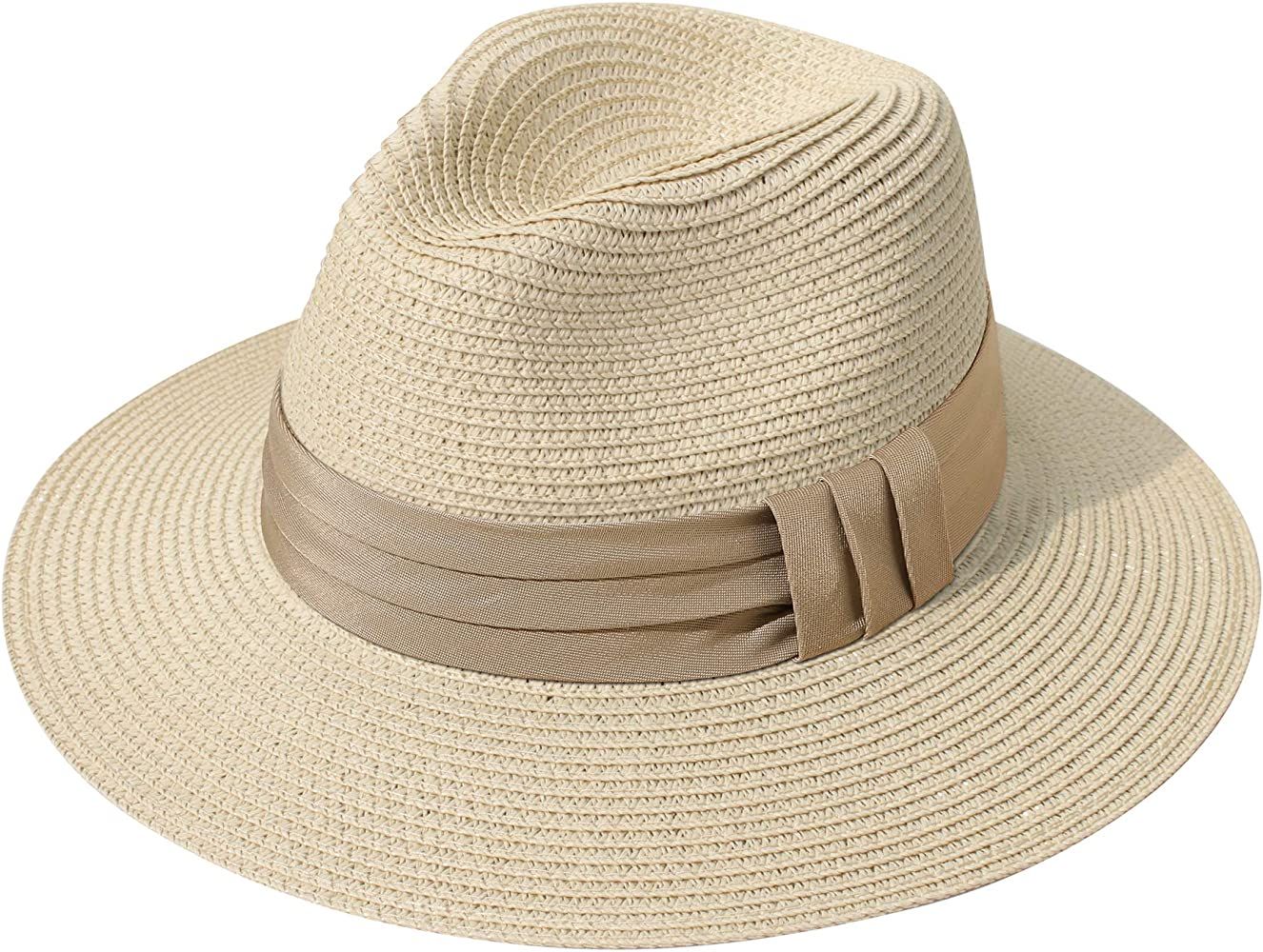 Lanzom Women Wide Brim Straw Panama Roll up Hat Fedora Beach Sun Hat UPF50+ (Z-Navy Ribbon Khaki)... | Amazon (US)