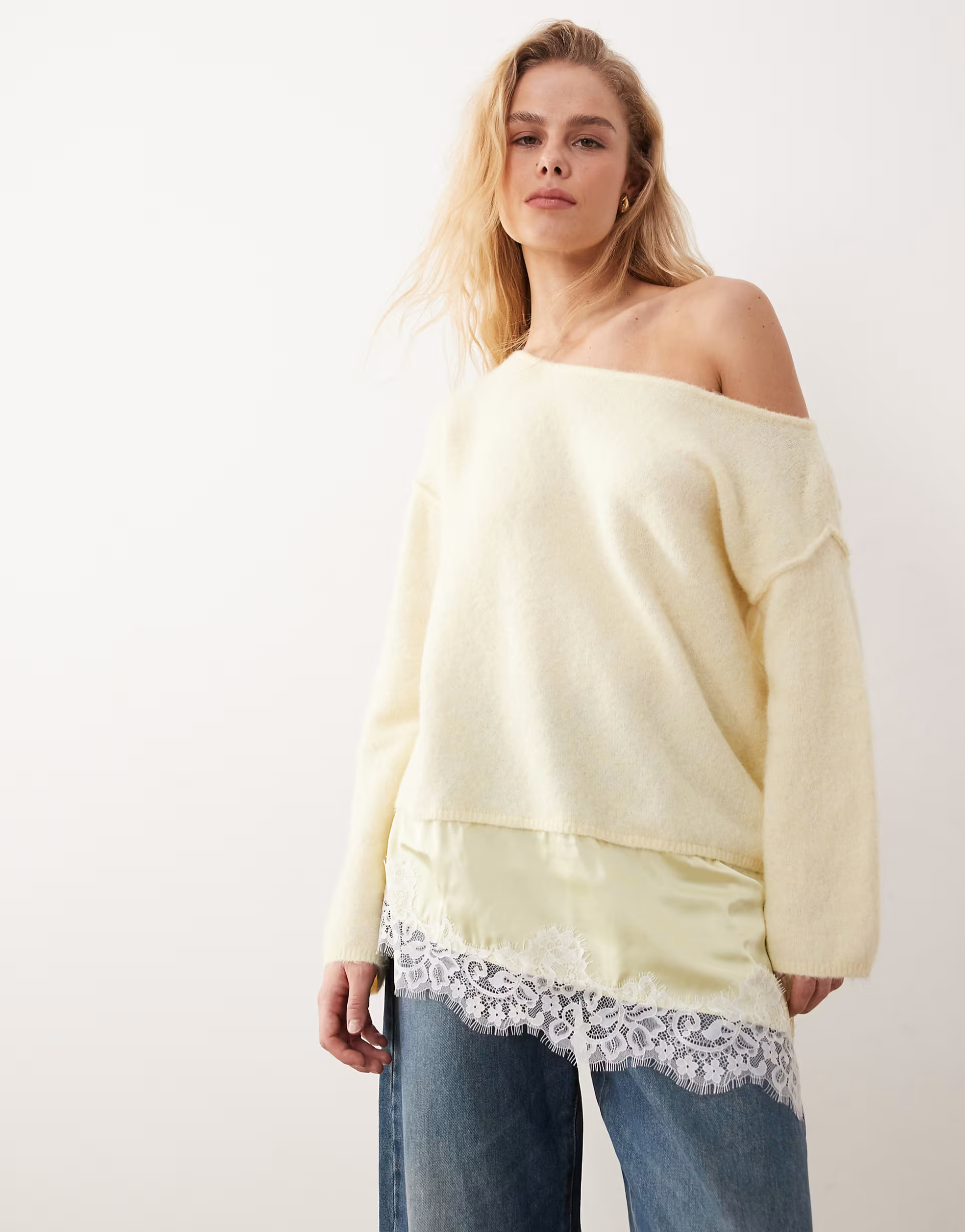Miss Selfridge fluffy asym jumper with contrast satin lace hem in pale yellow | ASOS (Global)