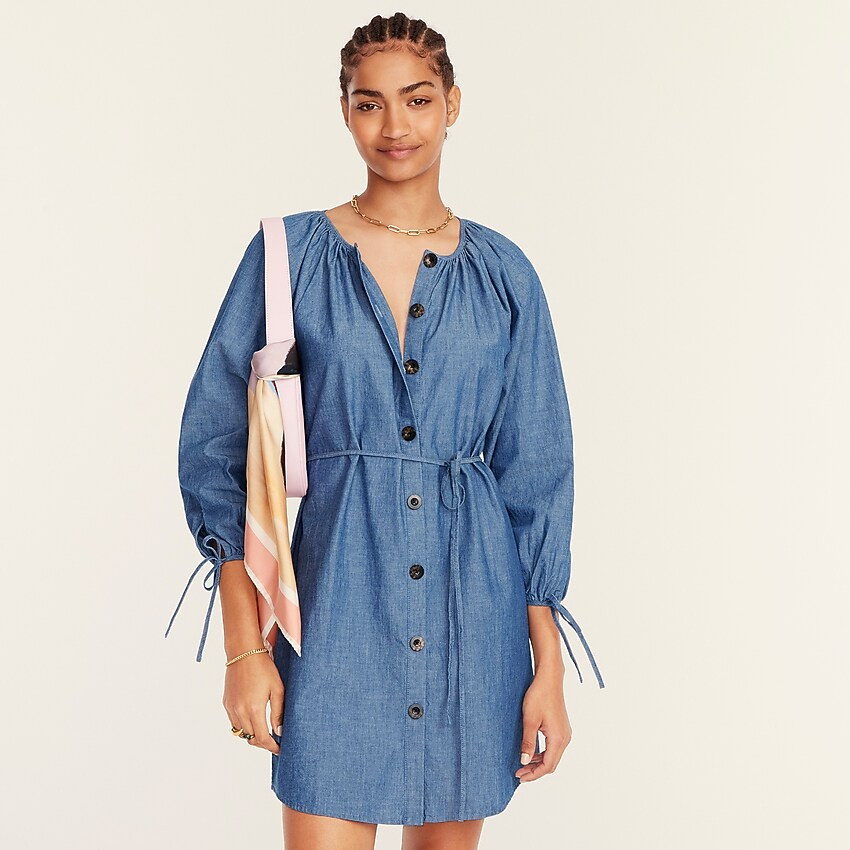 Tie-sleeve button-front dress in chambray | J. Crew US