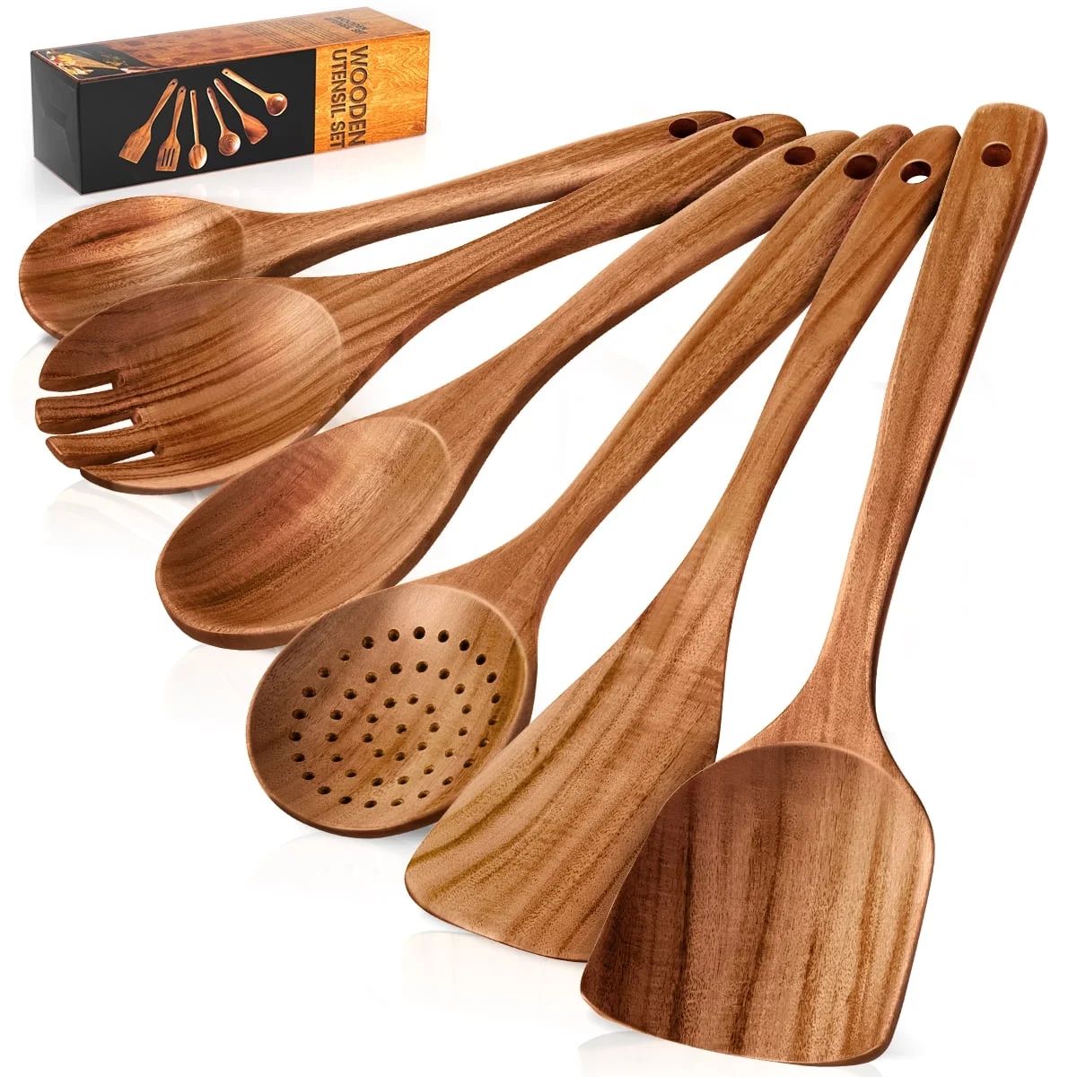 Wooden Spoons for Cooking, 6 PCS Teak Wood Cooking Utensil Set, Wooden Kitchen Utensils for Nonst... | Walmart (US)