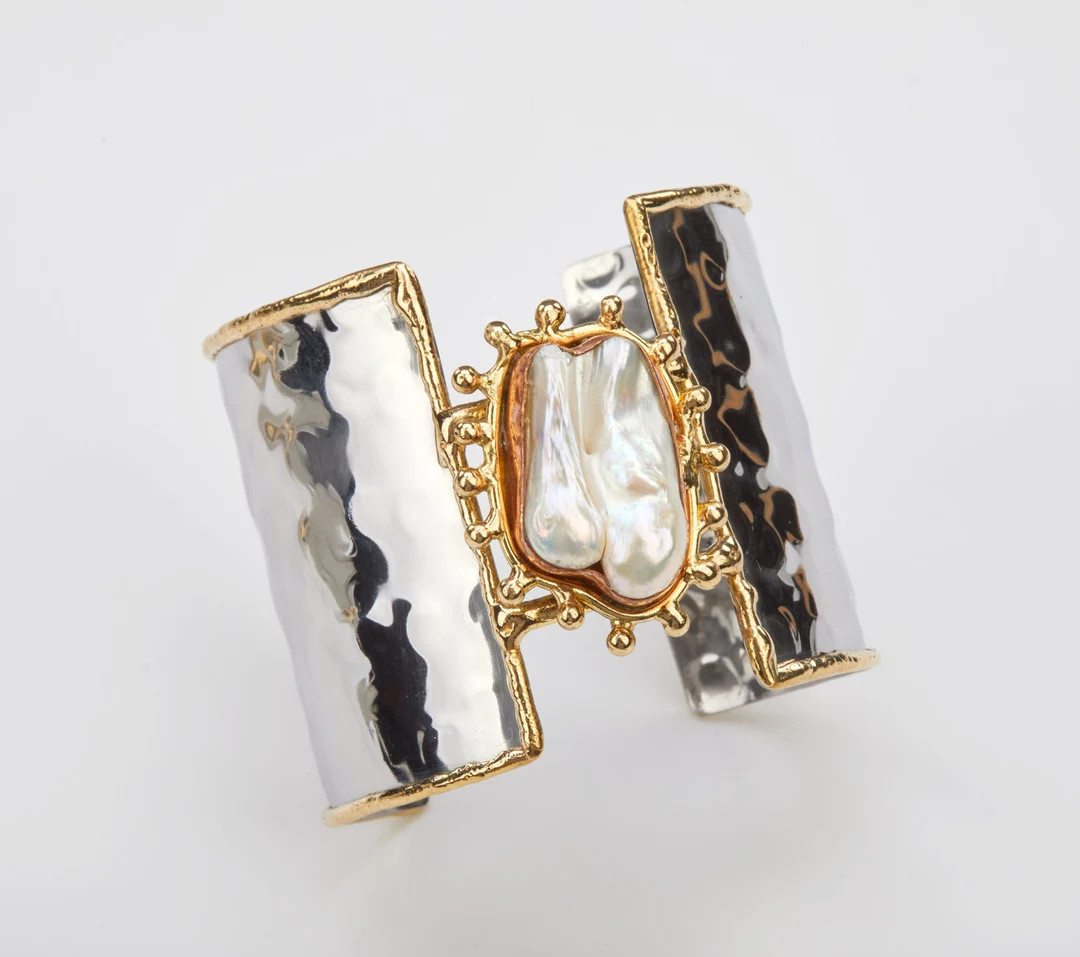 Large Baroque Pearl Cuff on Wide Stainless Steel Band,brass Rimed Hammered Steel Cuff,textured Ba... | Etsy (US)