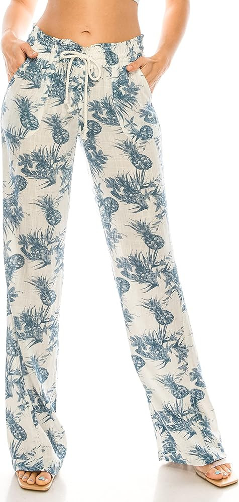 Cali1850 Women's Print Linen Pants - 32" Inseam Oceanside Drawstring Smocked Waist Casual Lounge ... | Amazon (US)