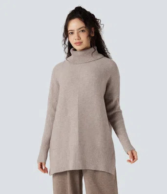 Women’s High-neck Long Sleeve Split Work Sweater - Halara | HALARA