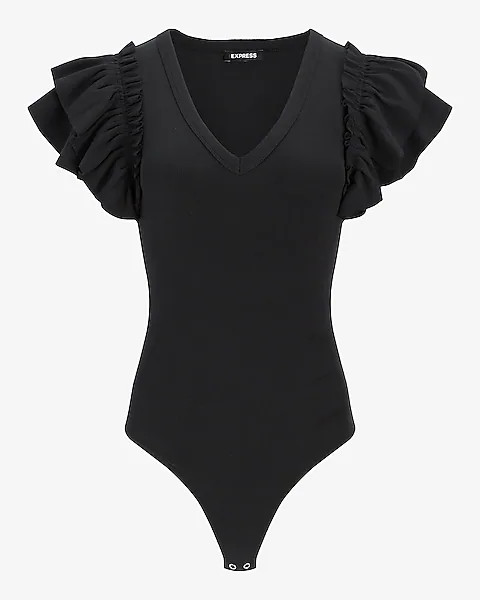 V-Neck Ruffle Sleeve Thong Bodysuit | Express
