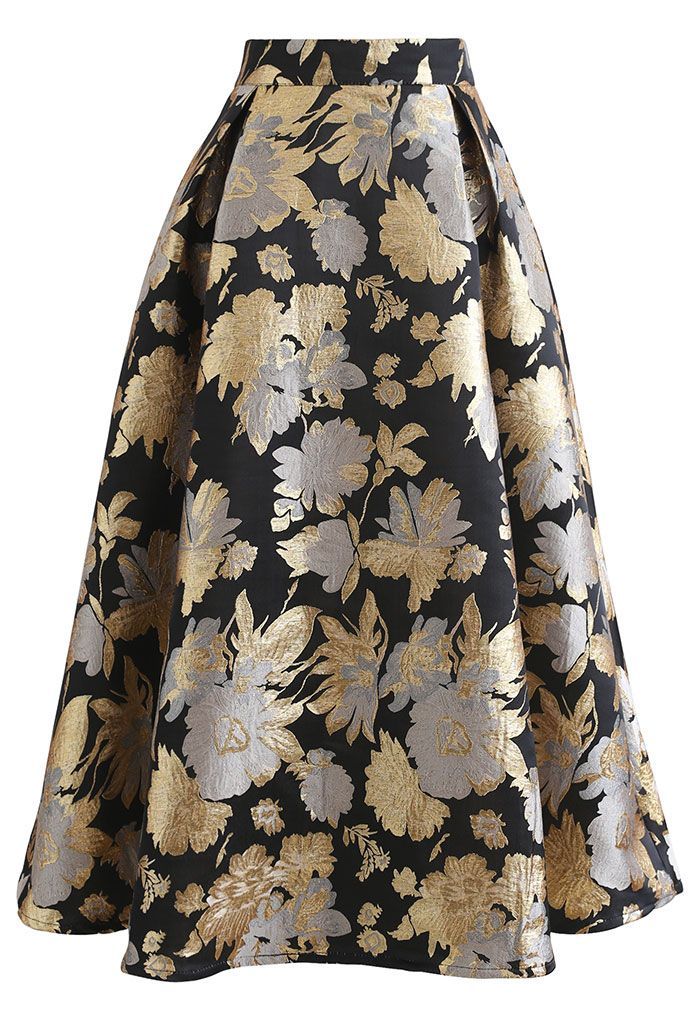 Golden Bouquets Jacquard A-Line Midi Skirt | Chicwish