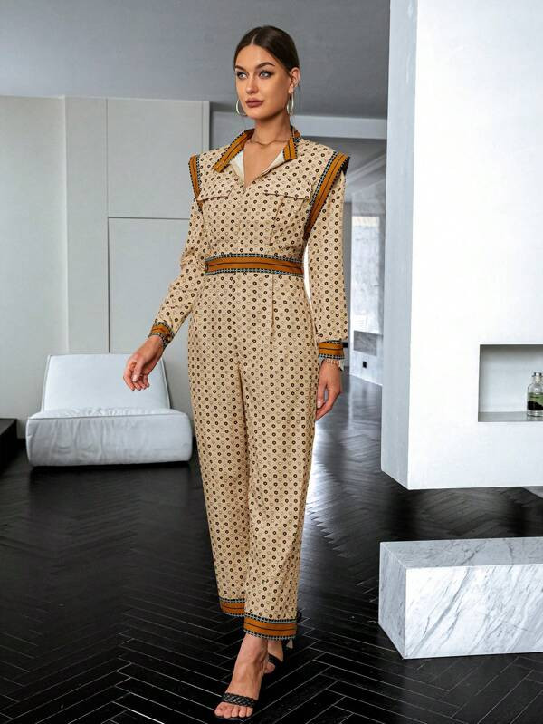 Sollinarry Allover Print Contrast Trim Flap Detail Shirt Jumpsuit | SHEIN