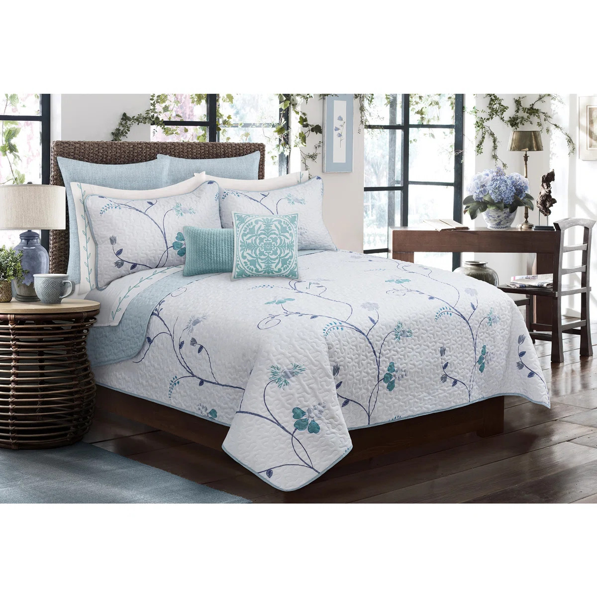 Safdie & Co. Inc. White/Blue Hypoallergenic Microfiber Reversible Quilt Set & Reviews | Wayfair | Wayfair North America