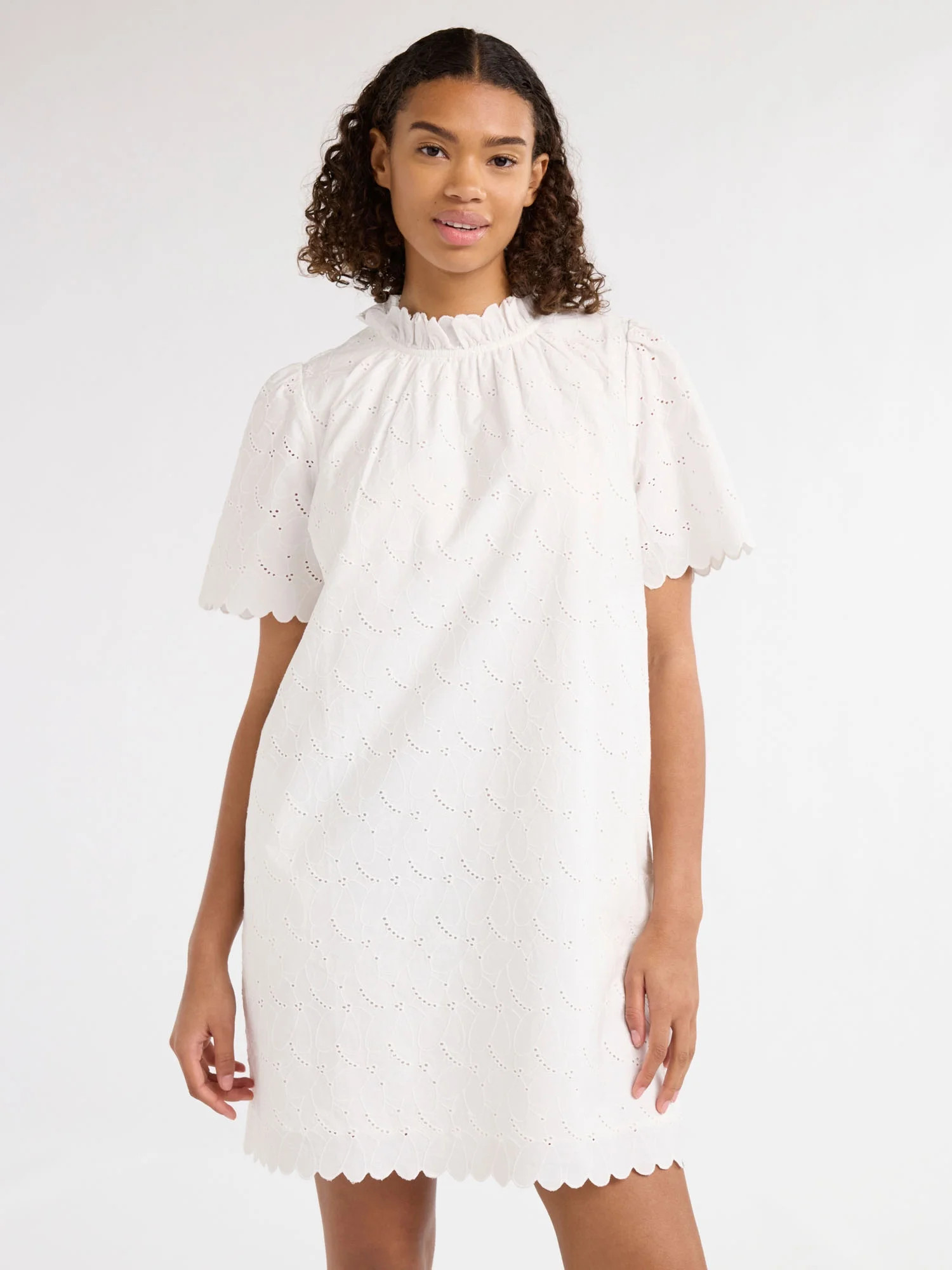 Free Assembly Women’s and Women's Plus Ruffle Neck Cotton Eyelet Mini Dress with Short Sleeves,... | Walmart (US)