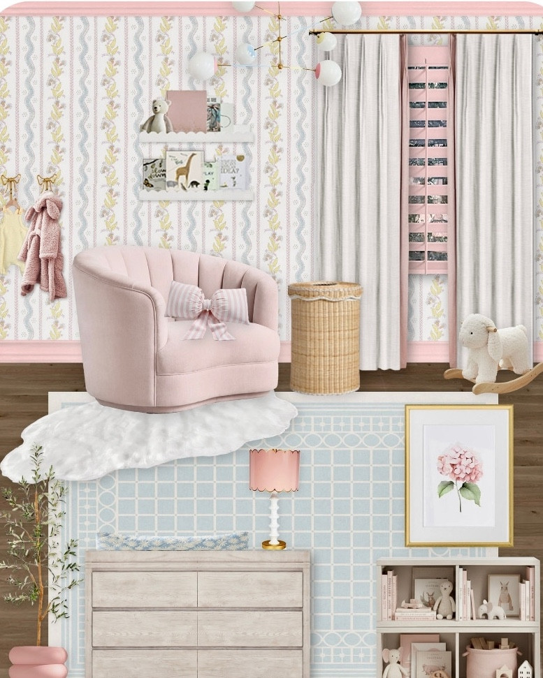 This is the second nursery we designed virtually for this client in Texas. She had a baby on the way, so we designed that nursery first, and then also worked on her existing daughter's nursery. ⁠
⁠
This one is full of color and pattern! She wanted this space to reflect her daughter's personality and include blush pink, light blue and butter yellow. Plus, flower wallpaper, a reading chair and storage for toys.⁠
⁠
If you're looking for help on your own nursery design, check out our Virtual Design services.
⁠
Design by @littlecrowninteriors

#LTKHome #LTKBump #LTKmomlife