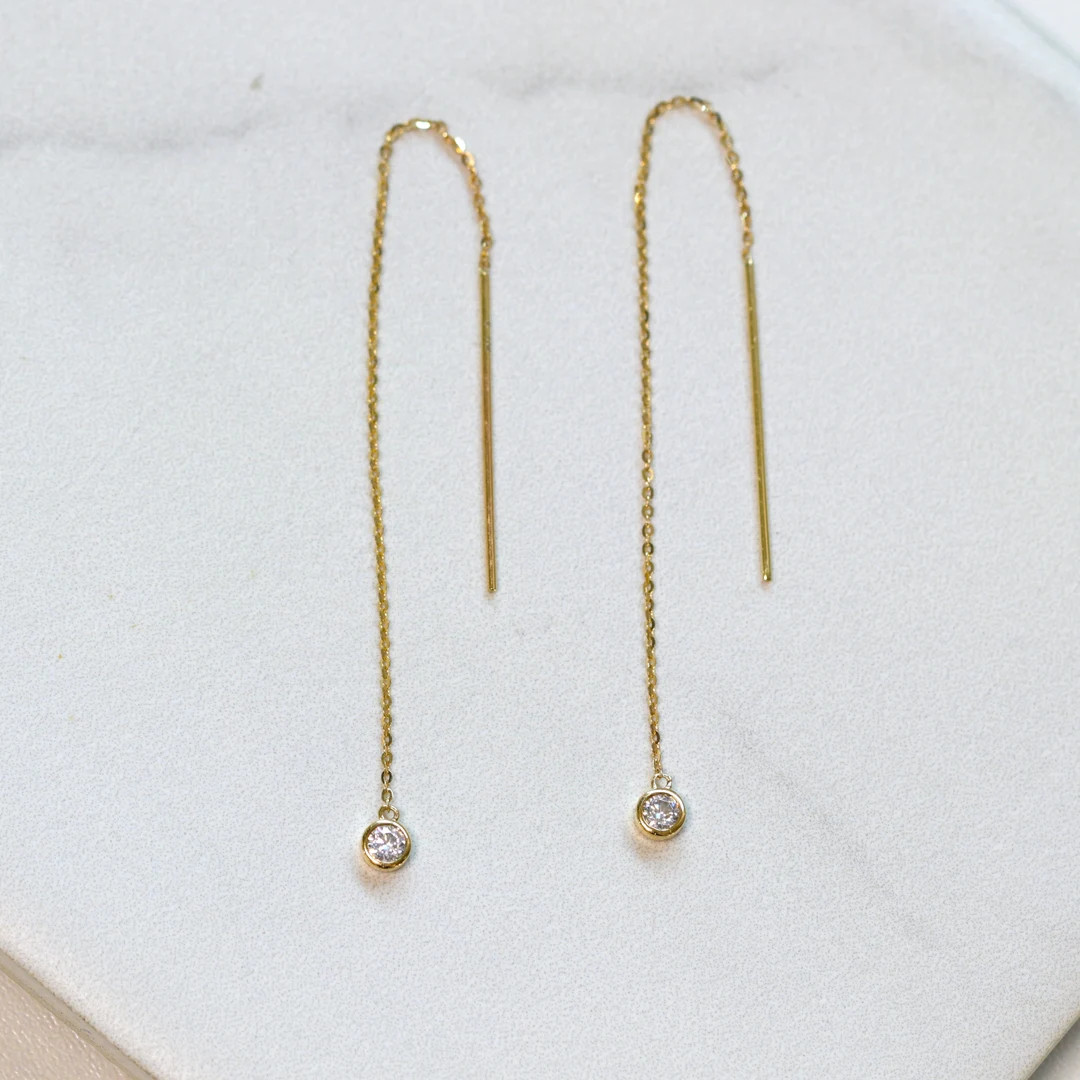 Diamond Threader Earrings, Dainty 10K/14K Gold White Gold Moissanite Threader Earrings, Minimalis... | Etsy (US)