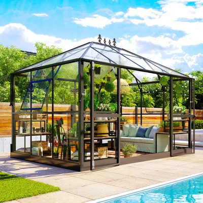 Grower’s Haven Polycarbonate Greenhouse with Clear Panels- 6 FT Wall Height Outdoor Aluminum Greenhouses with 2 Vents, Double Doors with Hook, Walk-in | Wayfair North America