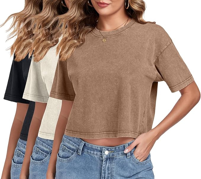Womens Crop Tops Acid Wash Short Sleeve T-Shirts Casual Round Neck Basic Tees Baggy Summer Shirts | Amazon (US)