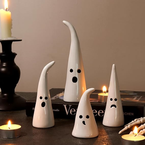 Halloween Decor Ceramic Ghost Figurine: 4 pcs Cute White Ghosts Halloween Decorations, Small Ghos... | Amazon (US)