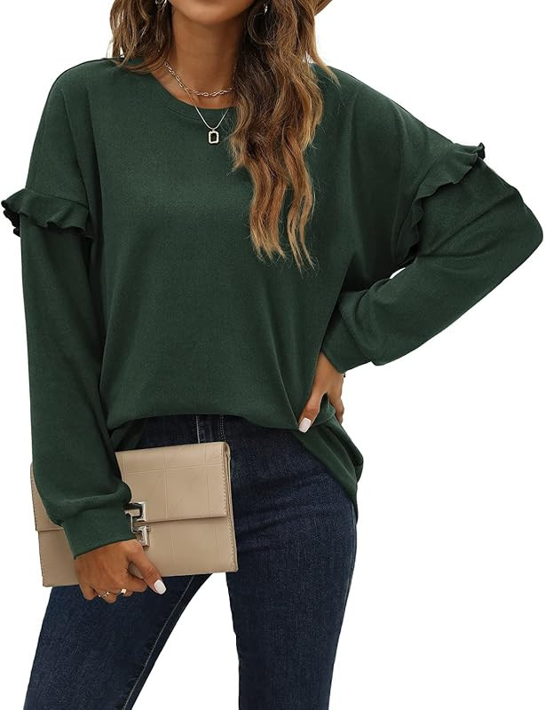 WIHOLL Sweatshirt for Women Long Sleeve Crewneck Tops Ruffle Shirts Tunics Casual | Amazon (US)