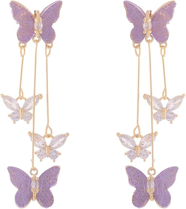 Purple Butterfly Tassel Style Zircon Earrings for Women Crystal Rhinestone Drop Earrings Long But... | Amazon (US)