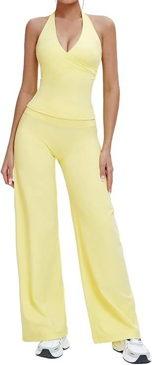 Meyeeka 2 Piece Workout Sets for Women Halter V Neck Padded Tank Tops Matching Straight Leg Yoga ... | Amazon (US)