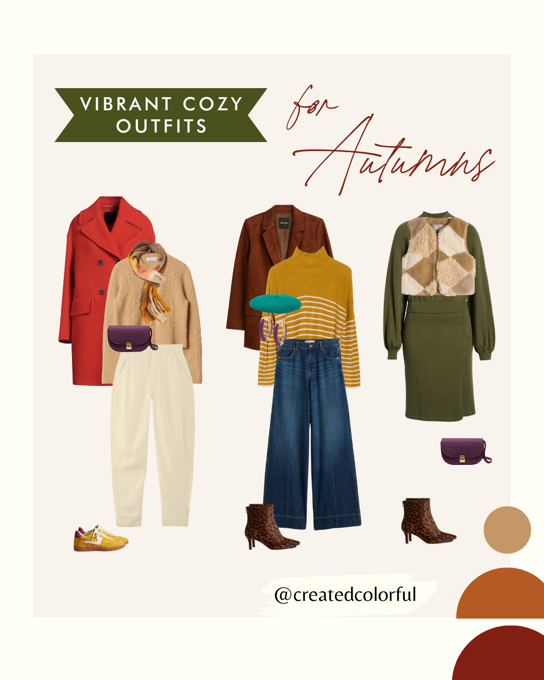 Make your cozy outfits pop with a bit of color this year! Autumn palettes, you'll turn heads in rich browns, greens, and oranges like these. Afraid to fully commit vibrant colors this season, that's okay! 

Remember, you can slowly introduce more vibrant accessories to your outfits to help you fully embrace those bolder, richer colors in your palette.

Like an outfit you see? Check out our 2024 Winter Capsule blog for more inspiring color combos and outfit ideas!

#createdcolorful


#LTKGiftGuide #LTKSeasonal #LTKStyleTip
