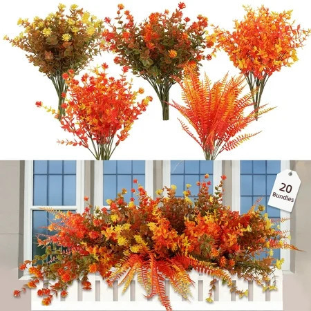 Retrocular 20 Bundles Artificial Fall Flowers Outdoor, Autumn Fake Plastic Flowers Faux Plants Fall Decoration for Home Garden Porch | Walmart (US)
