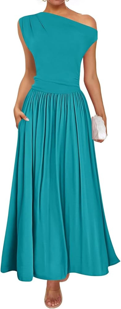 ZESICA Women's Summer 2025 Sleeveless Maxi Dress One Shoulder Casual Slim Swing Pleated Formal Dr... | Amazon (US)