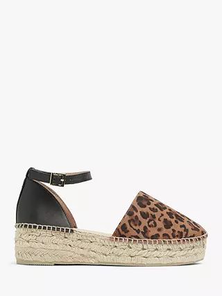 AND/OR Krystal Leather Leopard Print Platform Espadrilles, Black/Brown | John Lewis UK