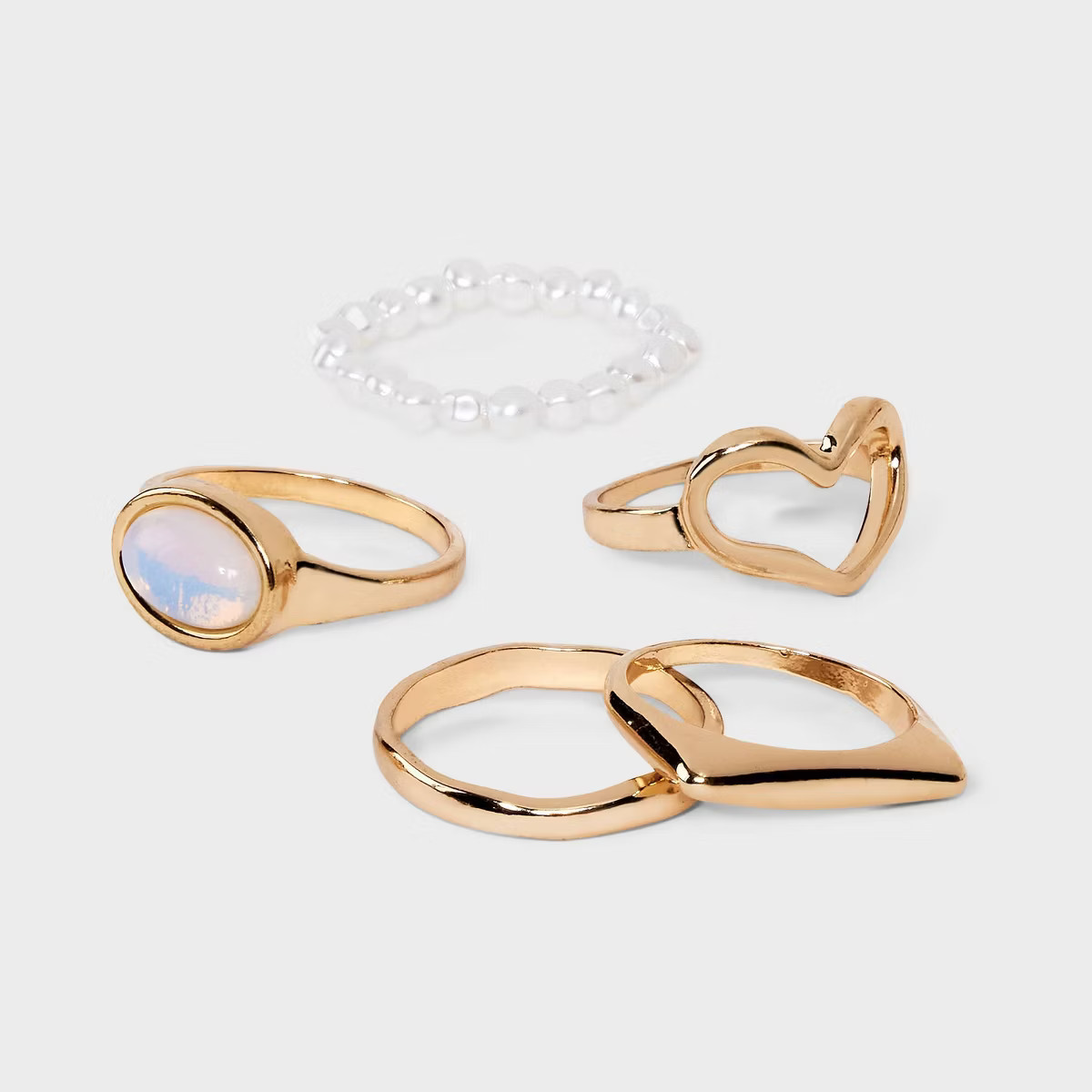 Heart & Semi Precious Rainbow Moonstone & Acrylic Pearl Ring Set 5pc - Universal Thread™ Gold: ... | Target