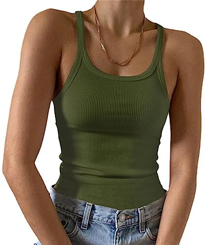 Artfish Women's Sleeveless Full Tank Top Form Fitting Scoop Neck Ribbed Knit Basic Tight Fitted Cami Olive Green, L | Amazon (US)