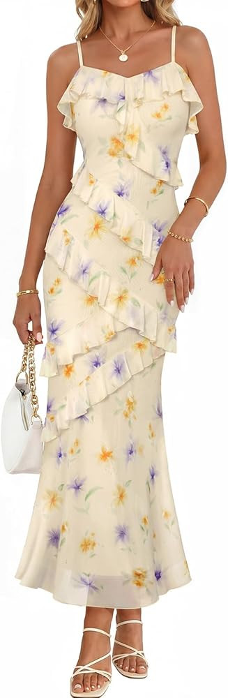 MEROKEETY Spring Summer Floral Wedding Guest Maxi Dress Womens 2026 Formal Bodycon Ruffle Spaghet... | Amazon (US)