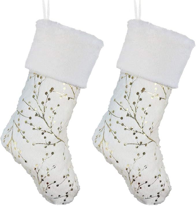 YOSICHY 18” Christmas Stockings White Plush Faux Fur with Glitter Gold Berries Snowy Xmas Hangi... | Amazon (US)