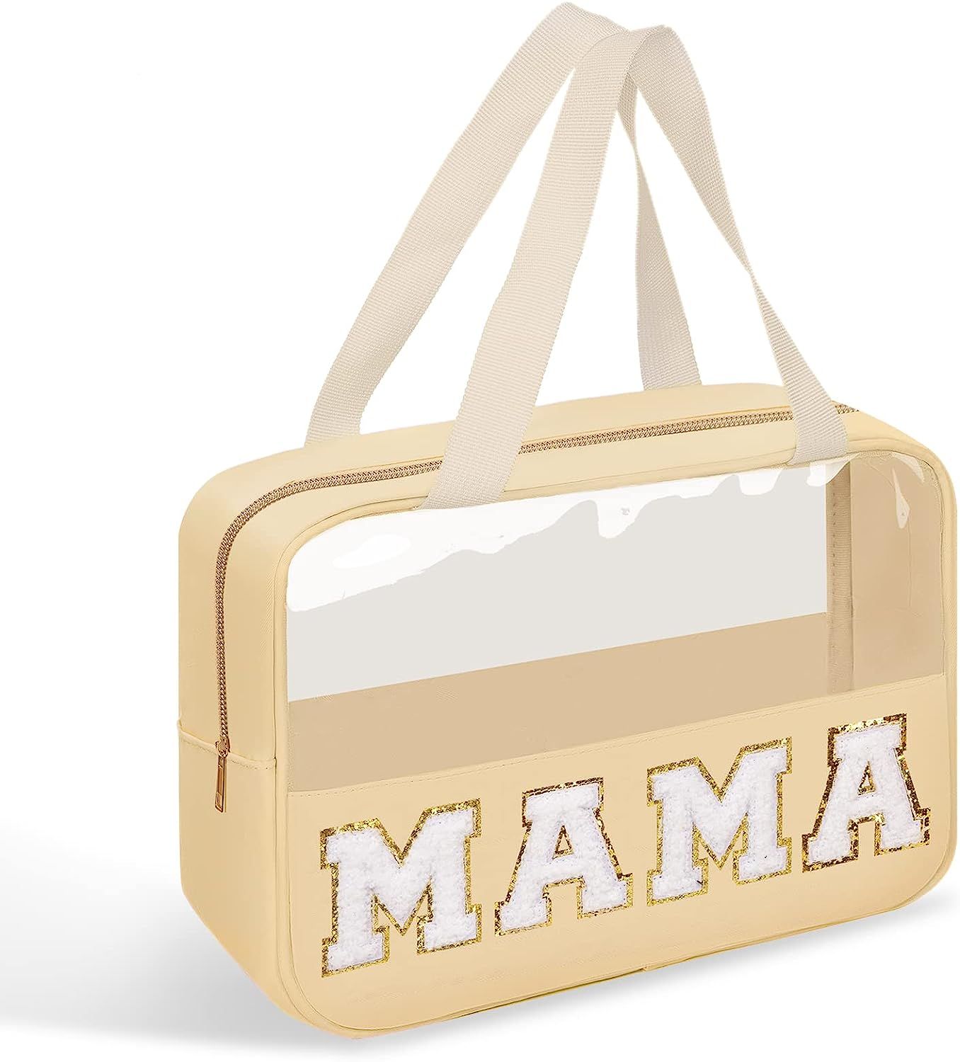 Chenille Letter Patches Clear MAMA Cosmetic Bag, Large PVC & Nylon Preppy Makeup Bag Zipper Makeu... | Amazon (US)