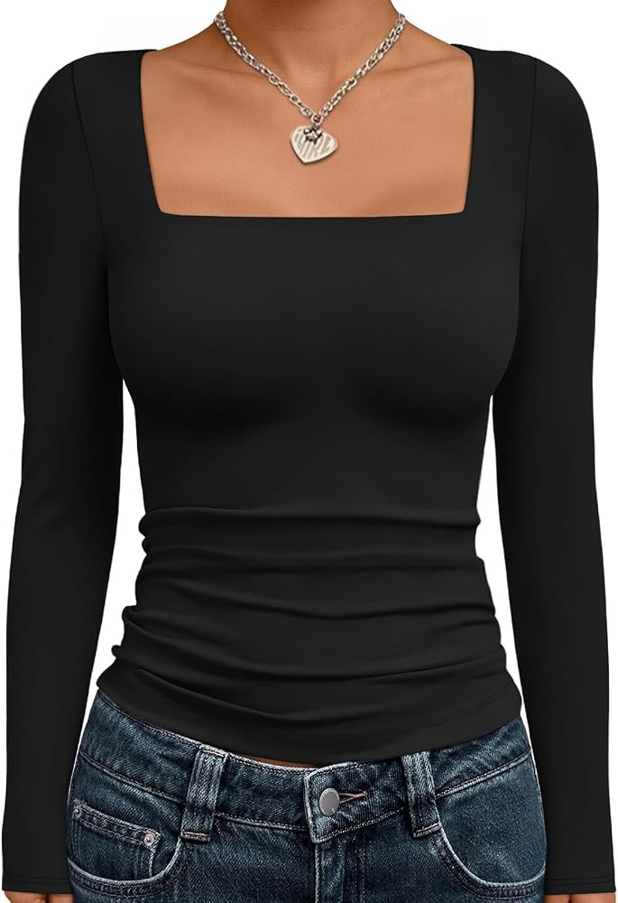 Trendy Queen Womens Long Sleeve Shirts Square Neck Going Out Crop Tops Fashion Y2k Workout Clothe... | Amazon (US)