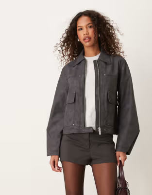 Free People winnie faux leather motor jacket in charcoal | ASOS (Global)
