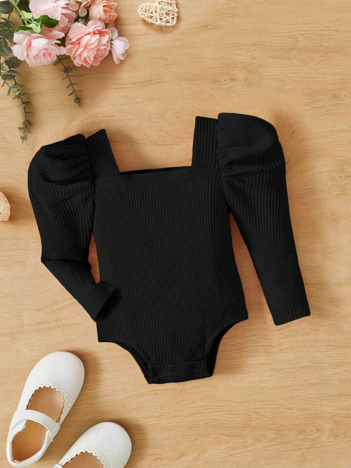 SHEIN Baby Girl Square Neck Gigot Sleeve Ribbed Knit Bodysuit | SHEIN