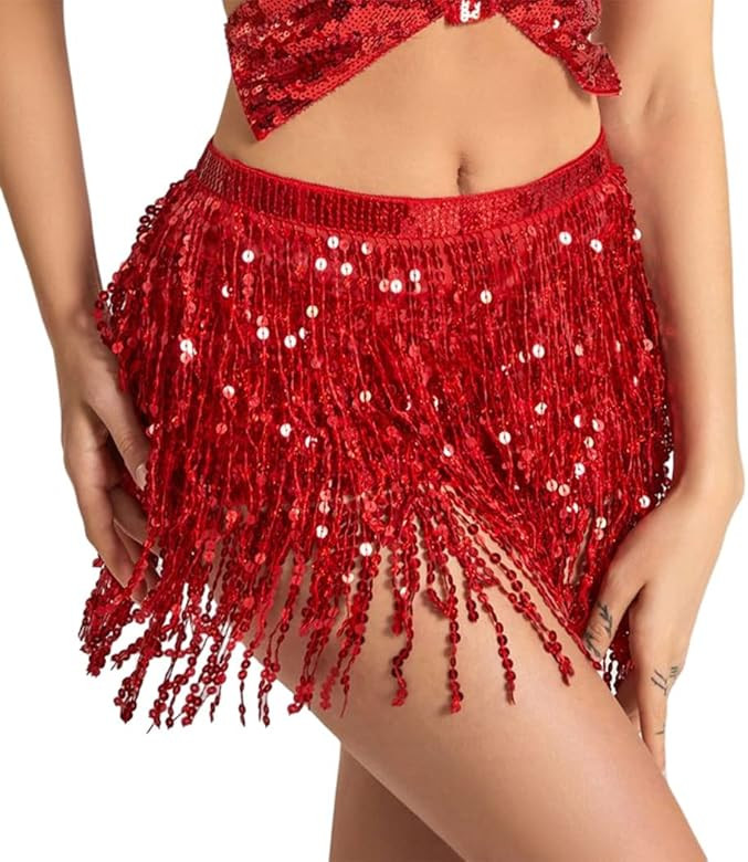 Victray Women Belly Dance Skirt Fringe Skirts Sparkly Sequin Hip Scarf Party Costume | Amazon (US)