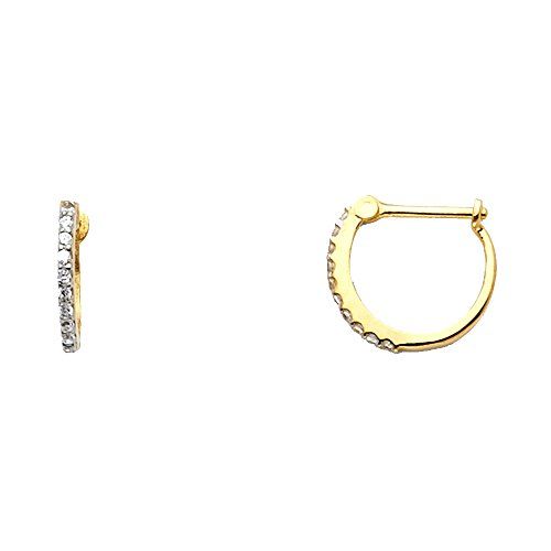 Solid 14k Yellow Gold Huggie Hoop Earrings CZ Huggies Round Pave Set French Lock Fancy Small 12 mm | Amazon (US)