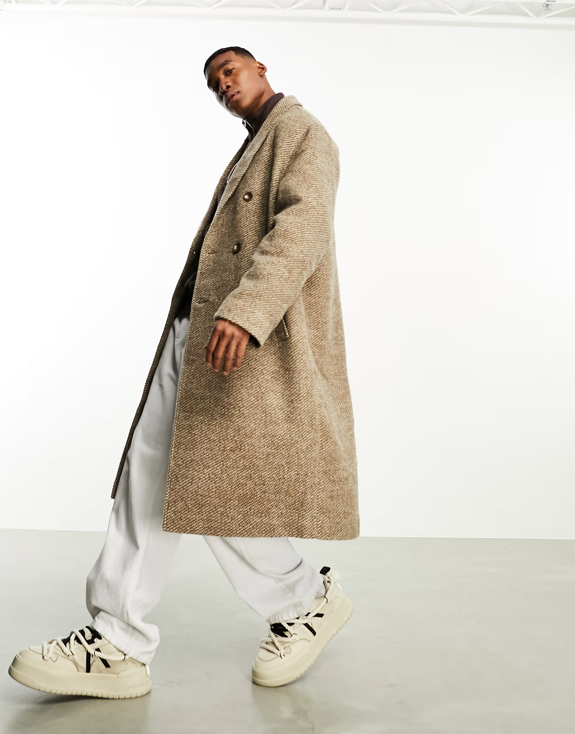 ASOS DESIGN oversized wool-look textured overcoat in beige | ASOS (Global)