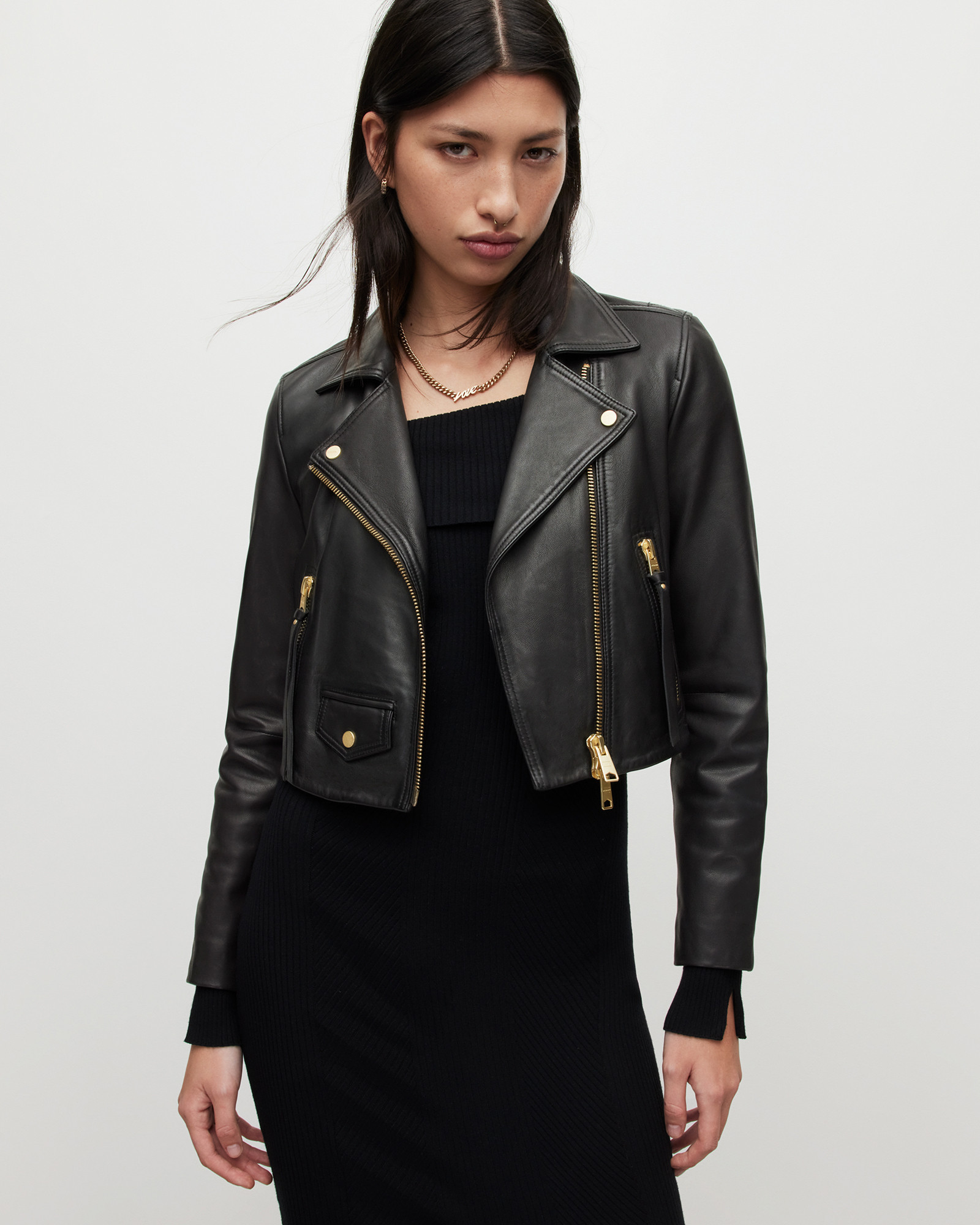 AllSaints Women's Leather Elora Cropped Biker Jacket, Black, Size: UK 16/US 12 | AllSaints US