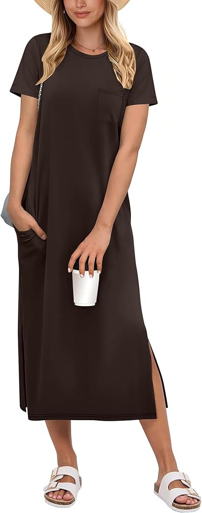 ANRABESS Womens Midi Dress,Summer Long Tshirts Dresses,Short Sleeve Split Stripe,Comfy Travel Bea... | Amazon (US)